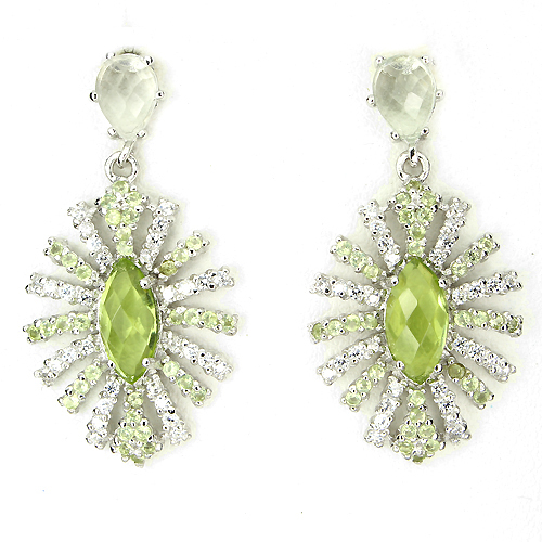 NATURAL TOP RICH GREEN PERIDOT,GREEN AMETHYST & W CZ 925 SILVER DANGLE EARRINGS