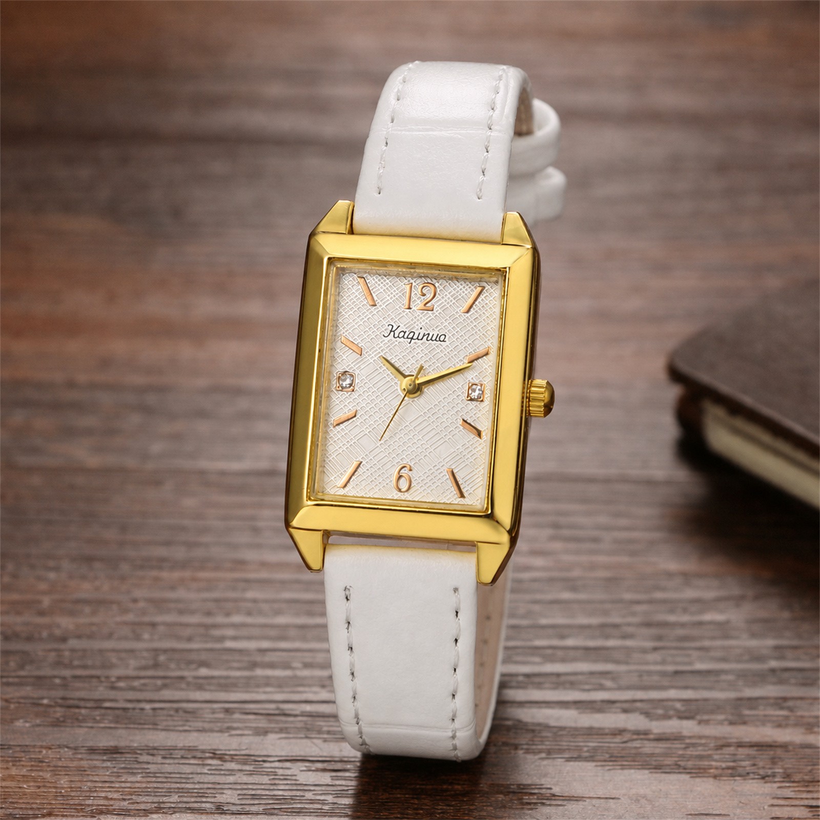 Women Business Rectangle Rhinestone PU Leather Band Wrist Watch for Daily Office