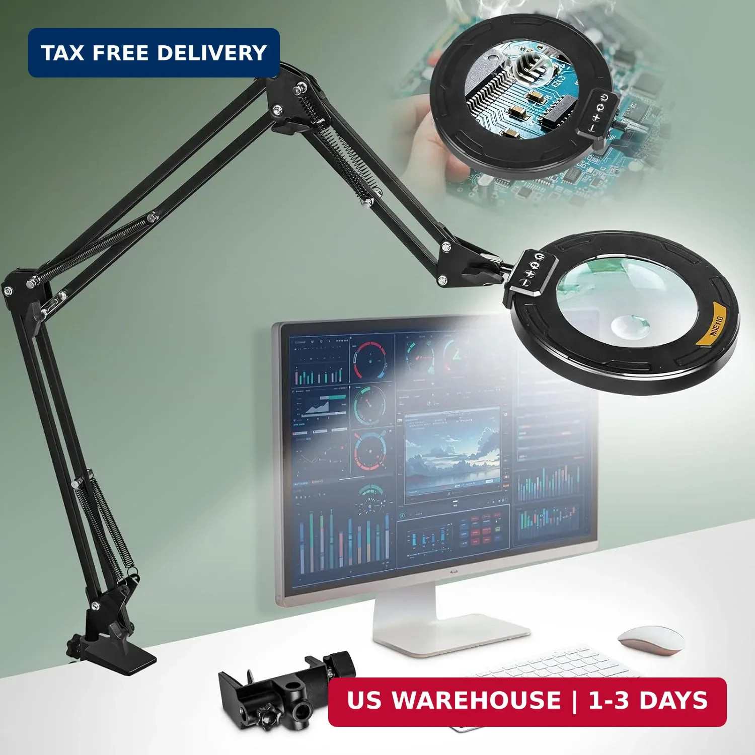 Ultra Long 3-Section Swing Arm 12X 30X Magnifying Glass with Light | 4-Way Large
