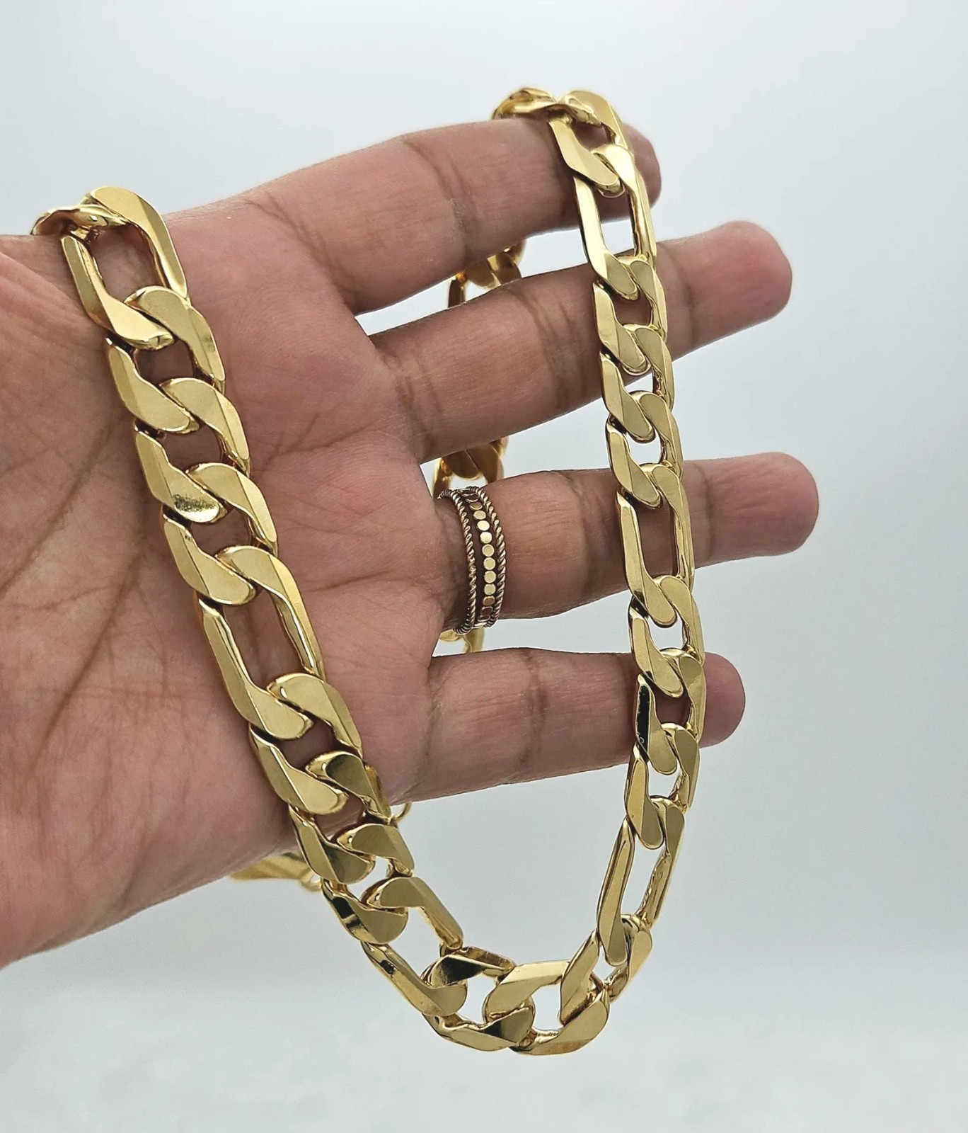 Large 12mm Flat Figaro Chain Necklace: 14k Heavy Gold Plated, 12mm Bracelet Set