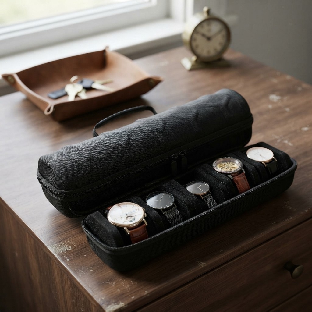 2 Pcs Men’s Watch Travel Case with 5 Slots & Soft Foam Pillows – Portable Black