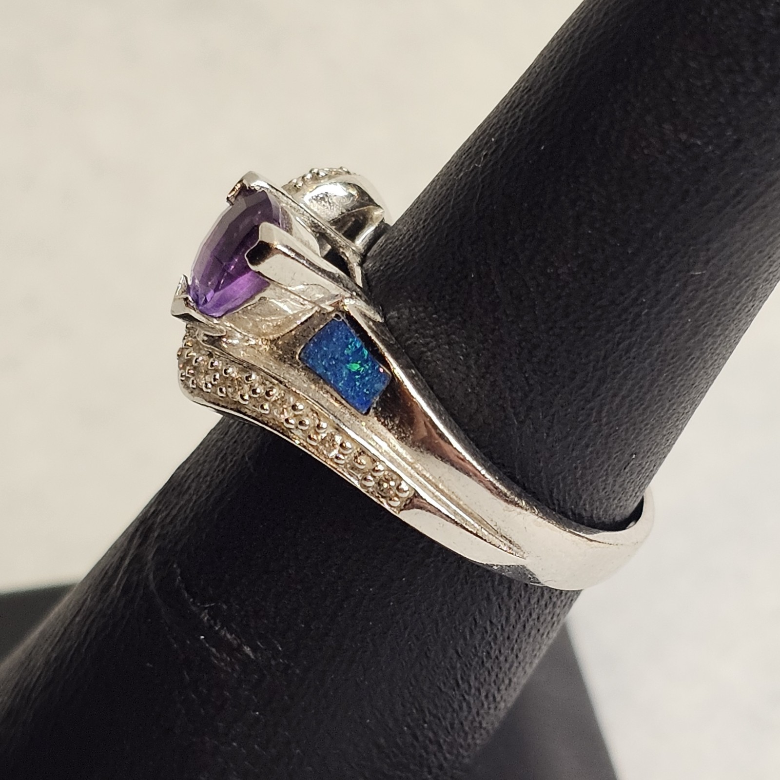 14K White Gold Amethyst Diamond Opal Inlay Ring Designer Style Estate Sz 6.25