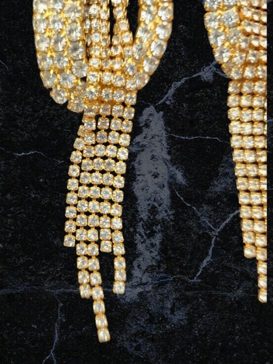 STRIKING Dangle Earrings Covered In Crystals Clip On Gold Tone Dangle 3.75″