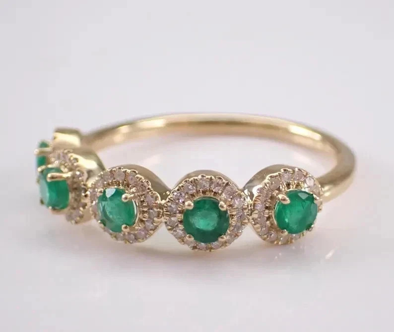 2.20 Ct Round Cut Natural Emerald & Diamond Wedding Ring 14K Yellow Gold