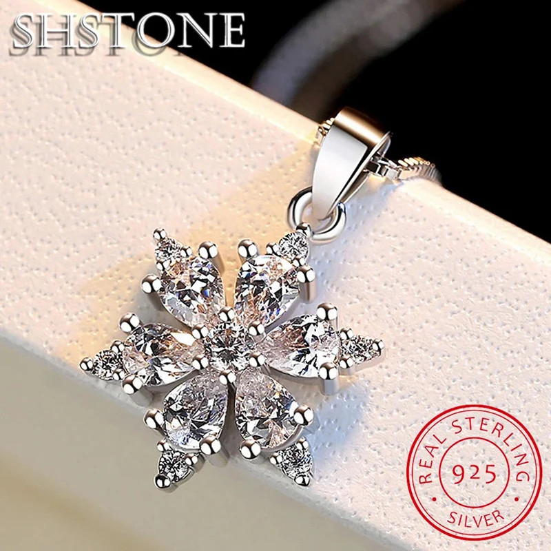 SHSTONE 925 Sterling Silver AAA Zircon Snowflake Pendant Necklace for Women