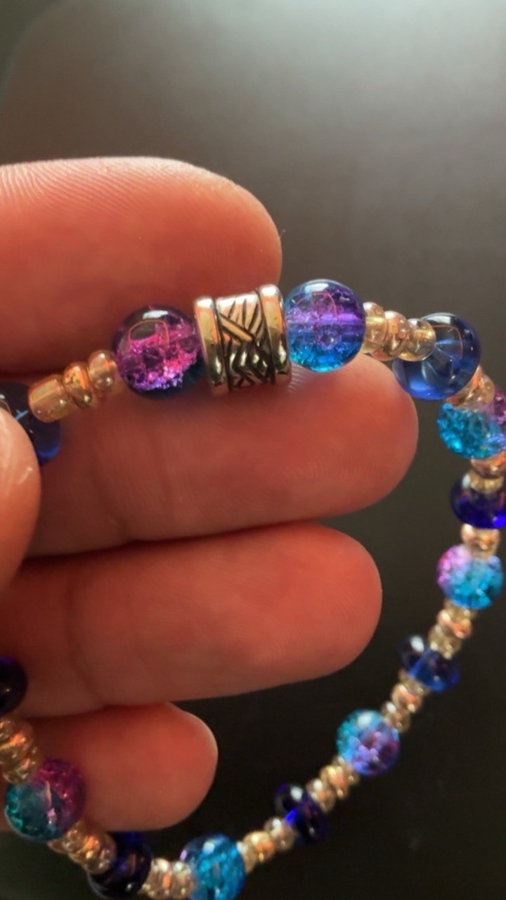 Handmade Blue/Purple/Gold Glass Beaded Bracelet #118, Round Beads, Stackable