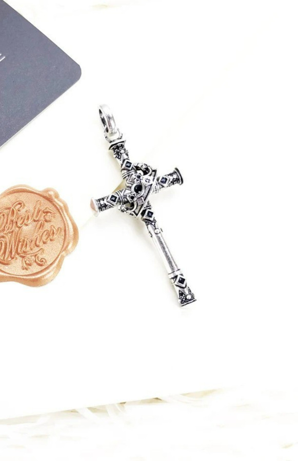 Cross Pendant Crown Antique Vintage 925 Sterling Silver 2.2 Inches Long