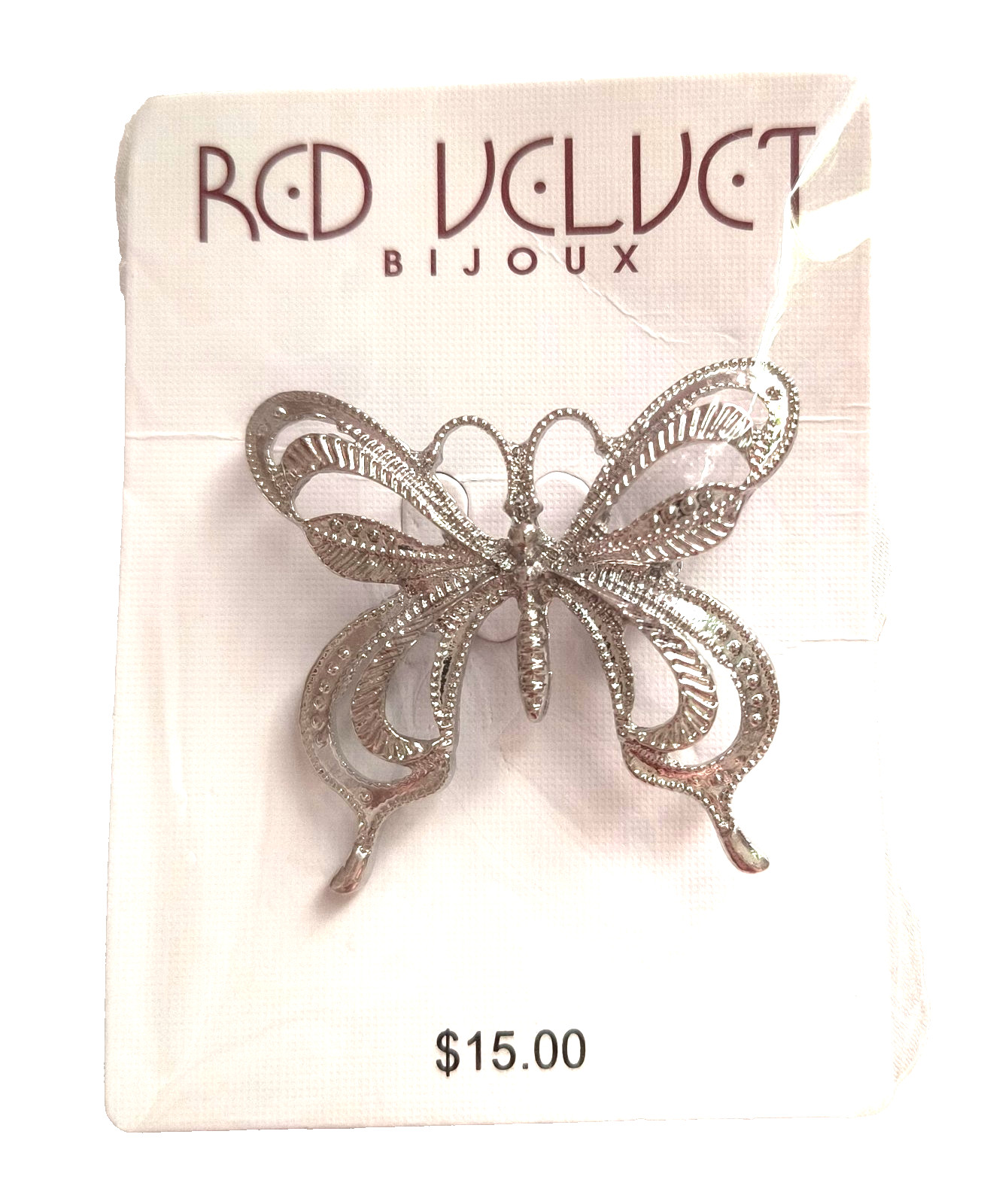 NEW Red Velt by Bijoux Women’s Jewelry Brooch Silvertone Butterfly 1.25″ x 1.25″