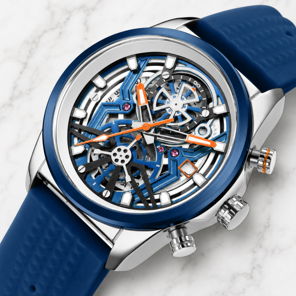 Mens 44mm Skeleton Silicone Band Quartz Blue Dial Strap Orange Hands Watch Megir