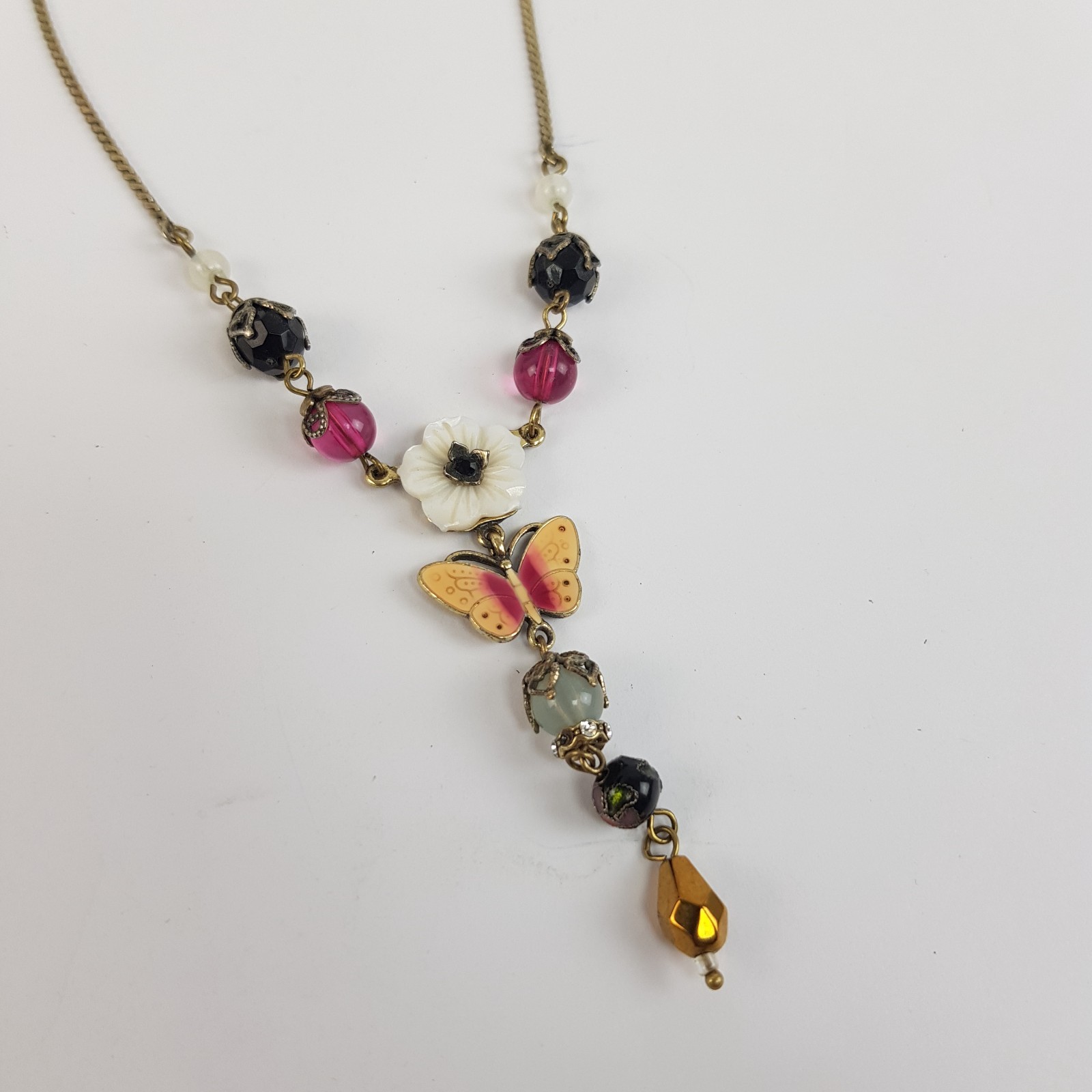 Accessorize Bronze Tone Enamel Butterfly & Shell Flower Design Necklace Unboxed