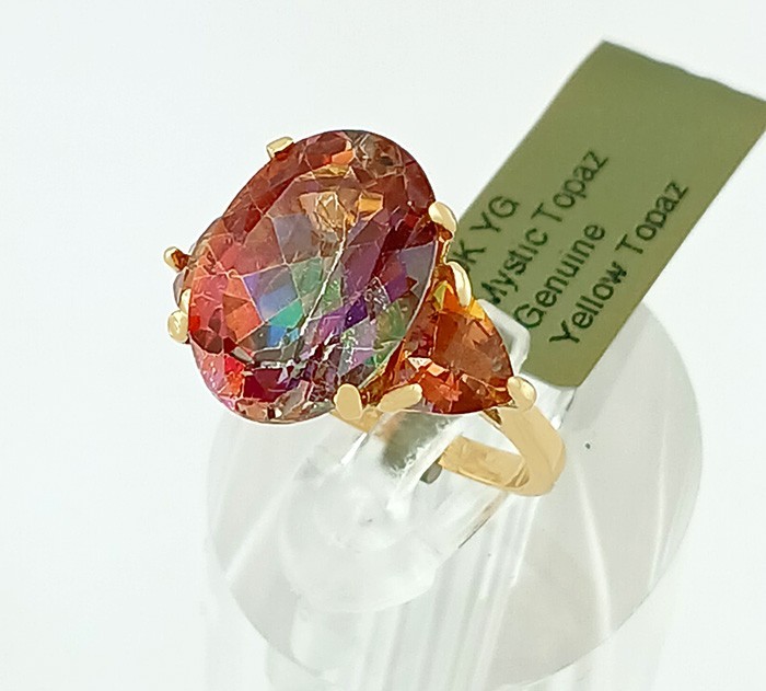 LAB CREATED 6.50 Cts MYSTIC TOPAZ RING 10K YELLOW GOLD – New With Tag