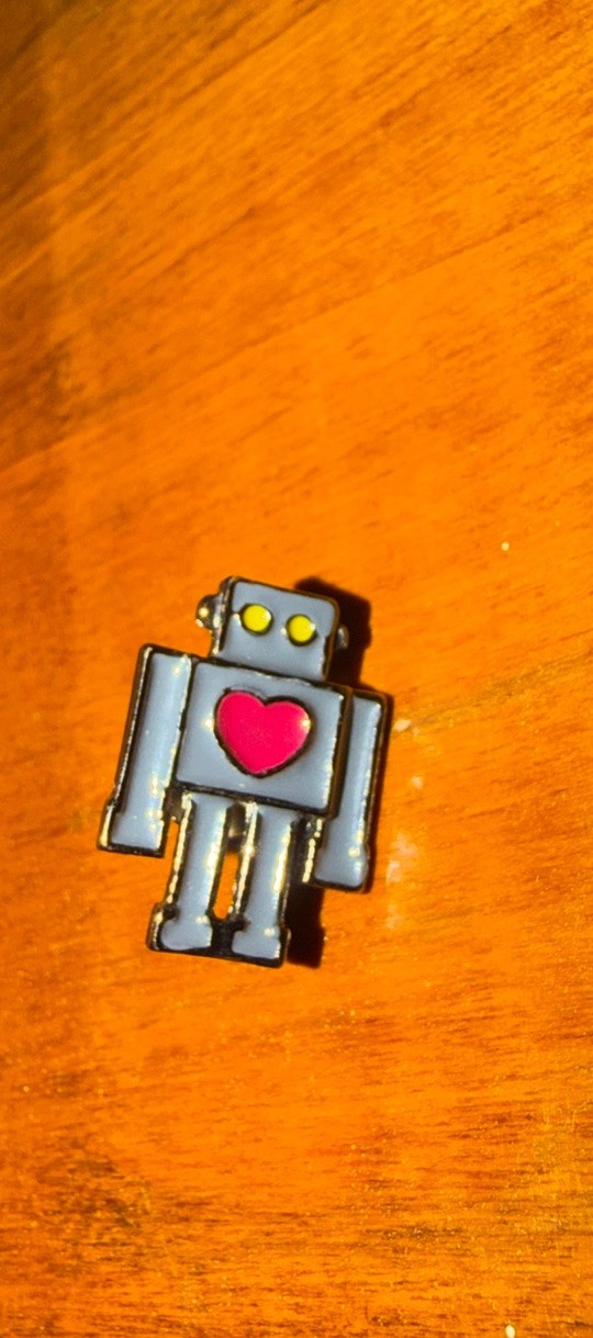 Enamel Metal Robot Pin Brooch Heart Design Gray Red Yellow Black