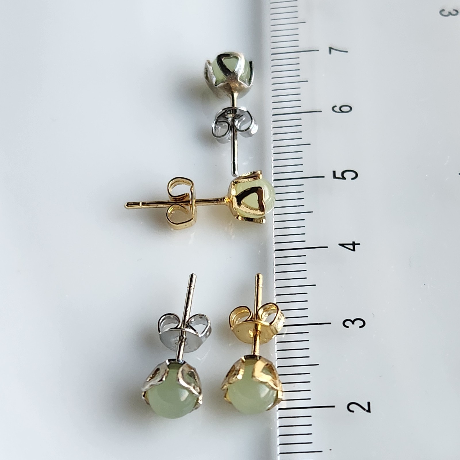 2 PAIRS Gold+Silver Color Natural 5mm JADE Stud Earrings 925 Sterling Silver
