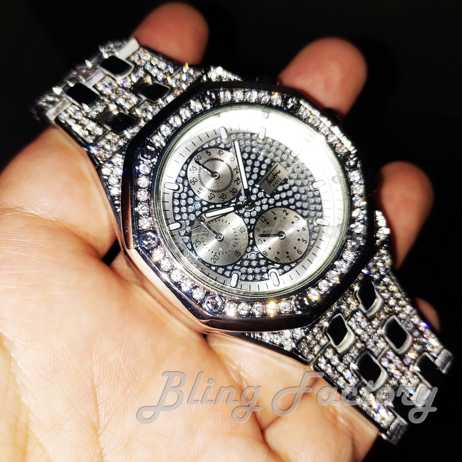 Men’s Luxury Iced Bling Silver Plated Simulated Diamond Bracelet Metal Watch