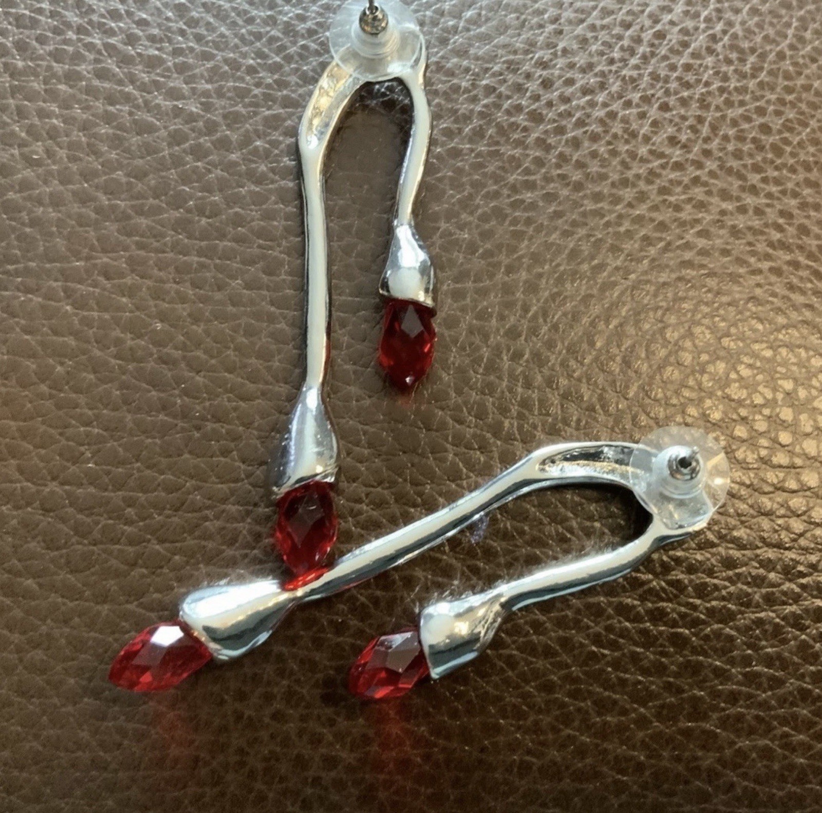 Modern Sculptural Earrings Silver COS Red Crystal Matchstick Steampunk Stud VTG