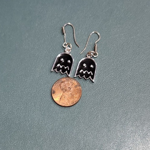 ENAMEL EARRINGS~PAC MAN GHOSTS~SILVER BLACK DANGLE PIERCED .75″ X .5″ FASHION