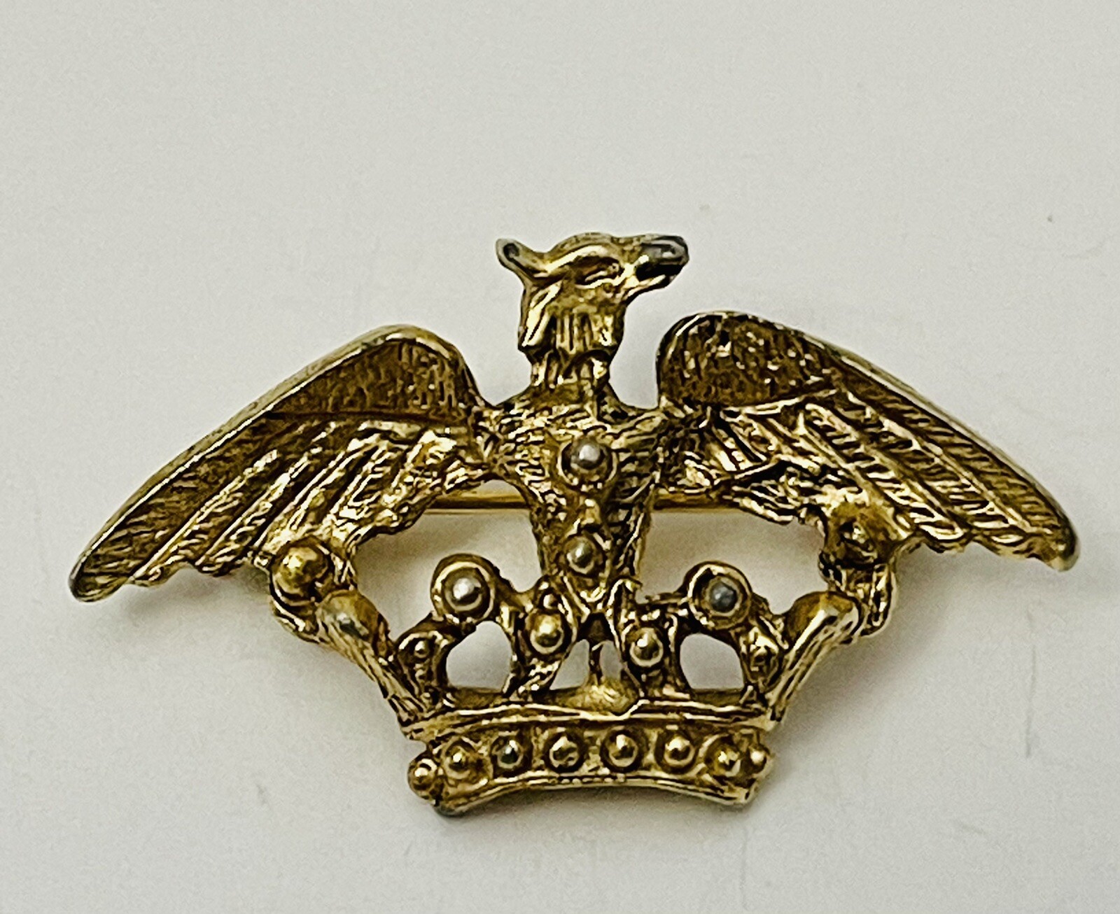 Vintage Eagle Spread Wings On A Royal Crown 3D Gold Tone Pin Brooch