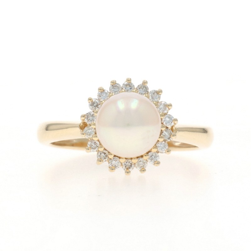 Yellow Gold Pearl Diamond Halo Ring – 14k .20ctw