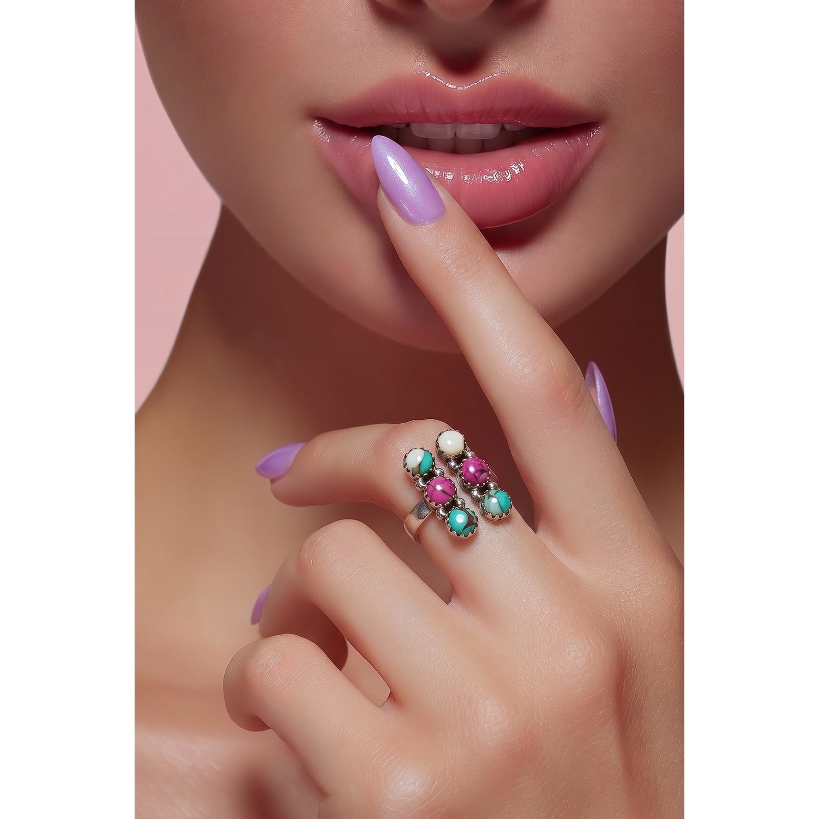 Cotton Candy Turquoise Cluster Rectangle Ring Size 8 Adjustable Sterling