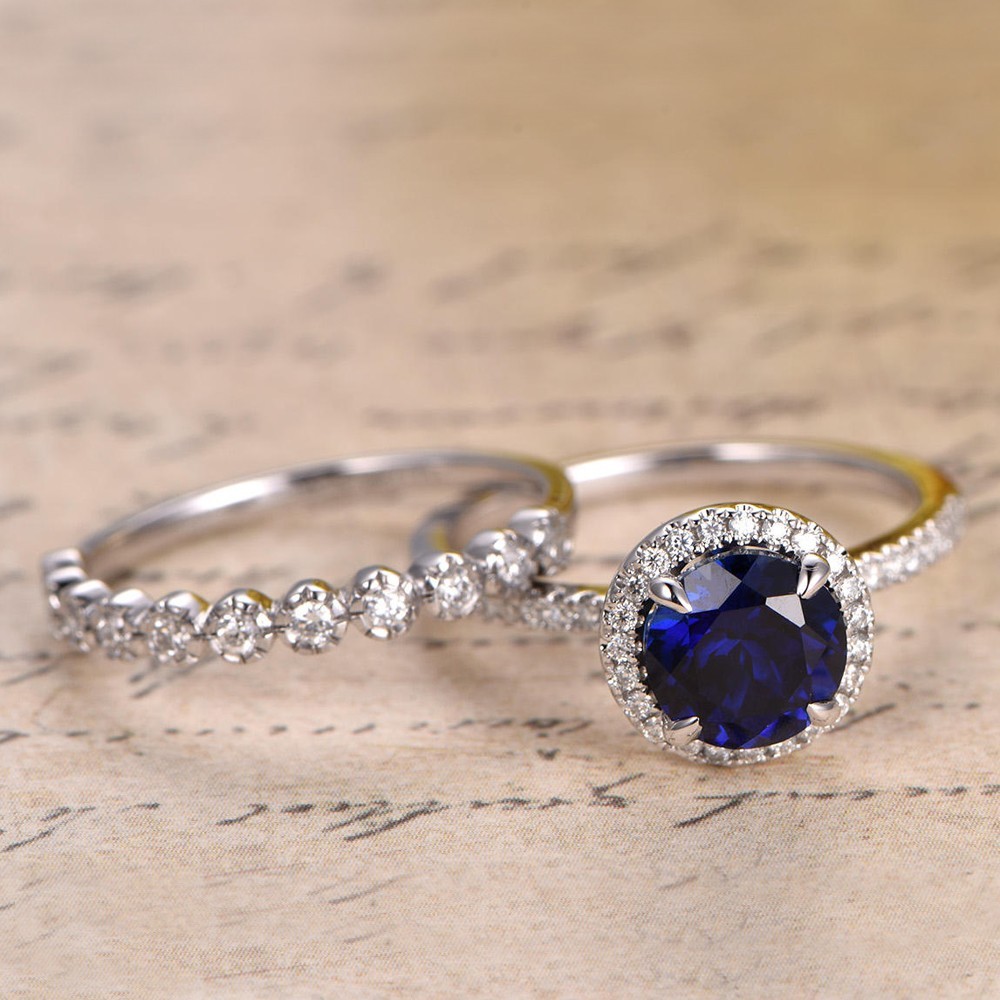 2.90 Ct Round Natural Sapphire & Diamond Engagement Ring 14K White Gold Size 8