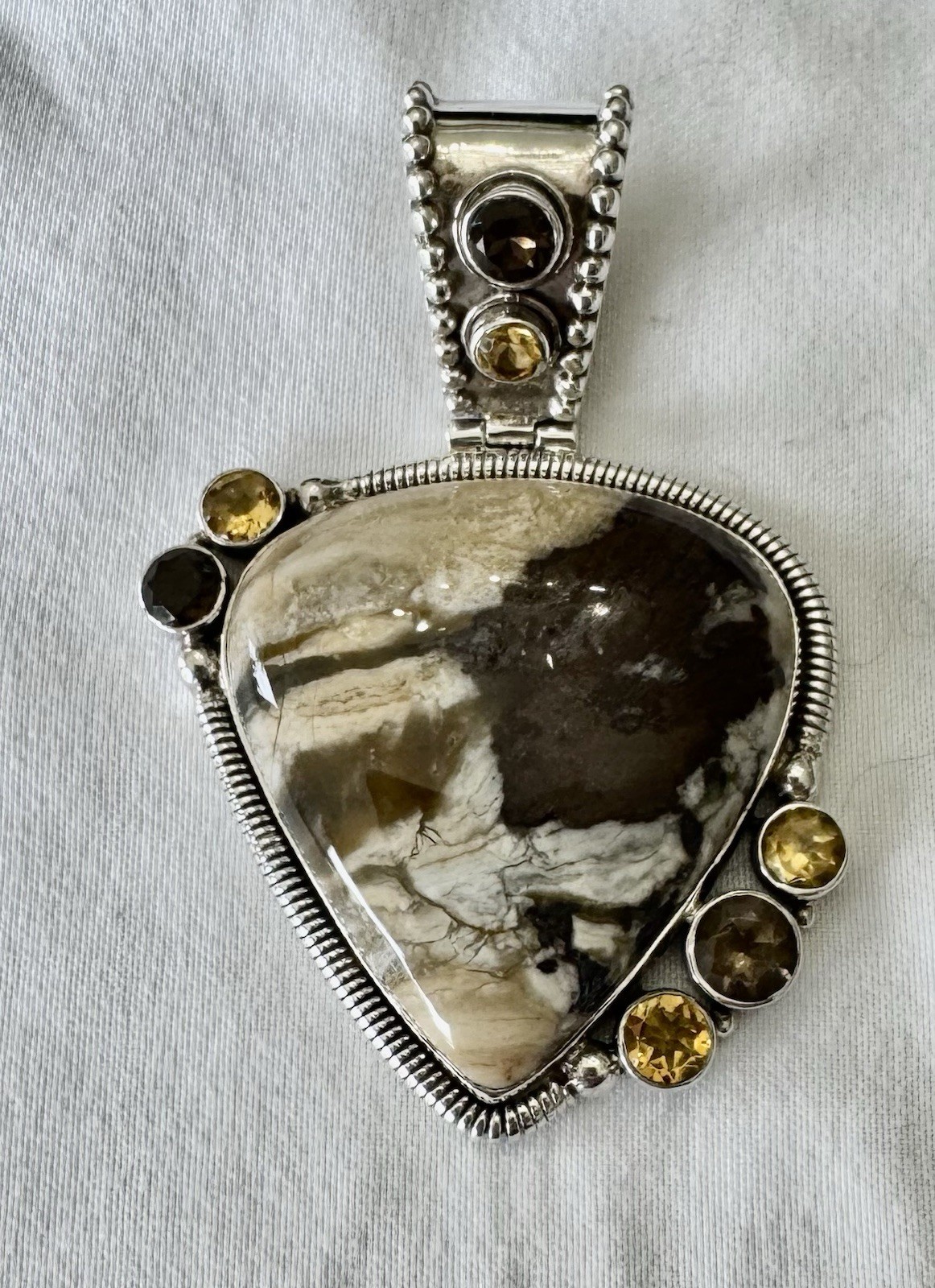 Sterling Silver Picture Jasper Citrine Smoky Quartz Pendant 925 Large 31g