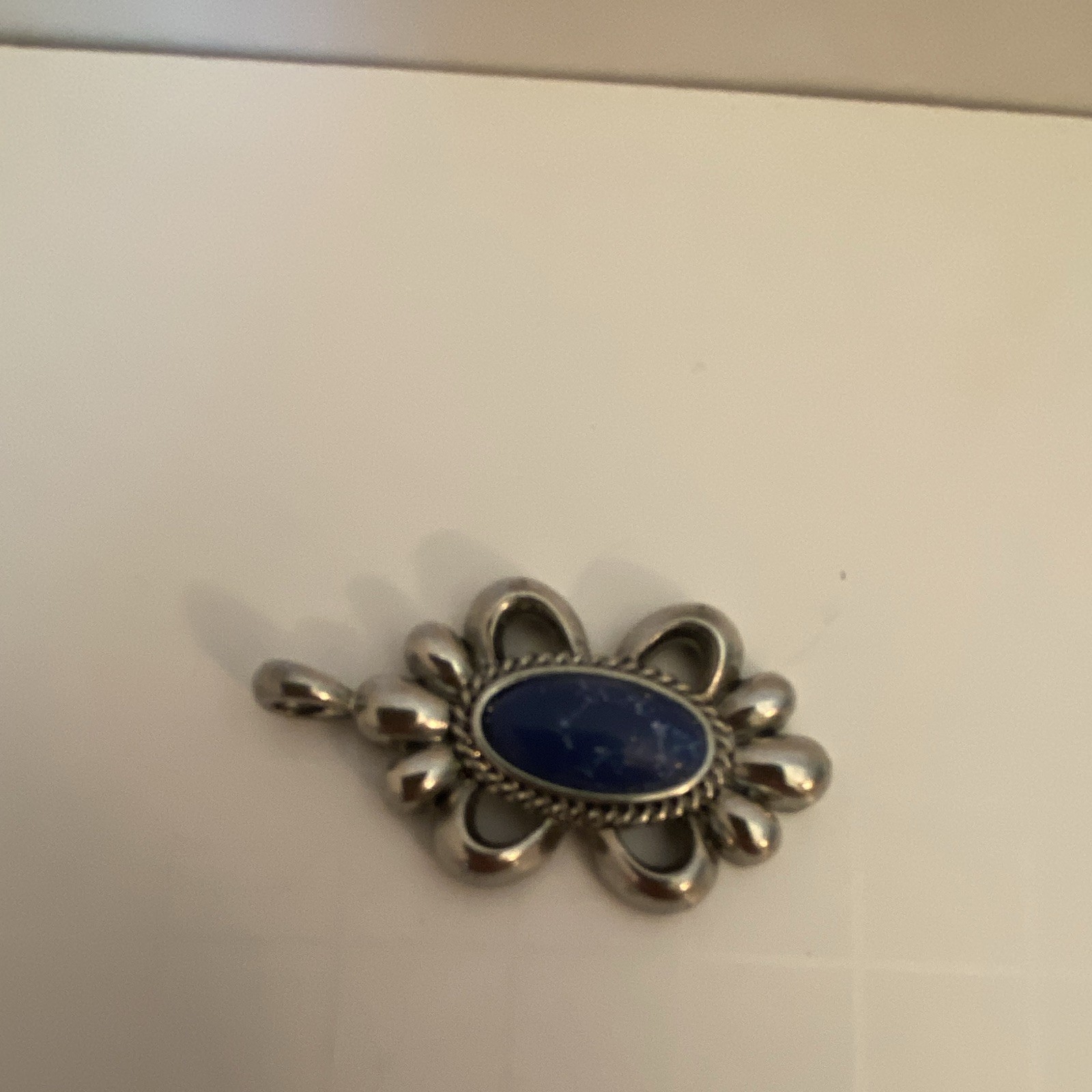 Silver Tone Floral Charm Pendant Blue Oval Cabochon Bezel Set Metal