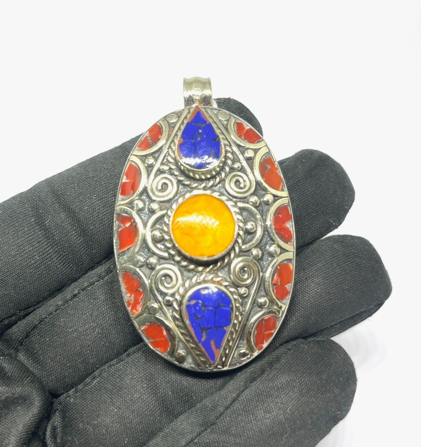 Tibetan Coral Lapis Amber Gemstone Buddhist Statement Pendant Jewelry, 2.2 inch
