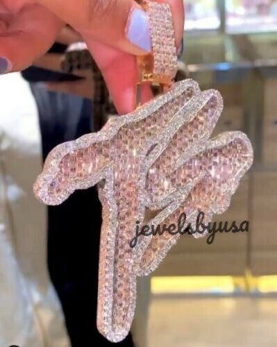 3.75Ct Men’s Customized Letter Baguette Simulated Diamond Pendant Free Stud