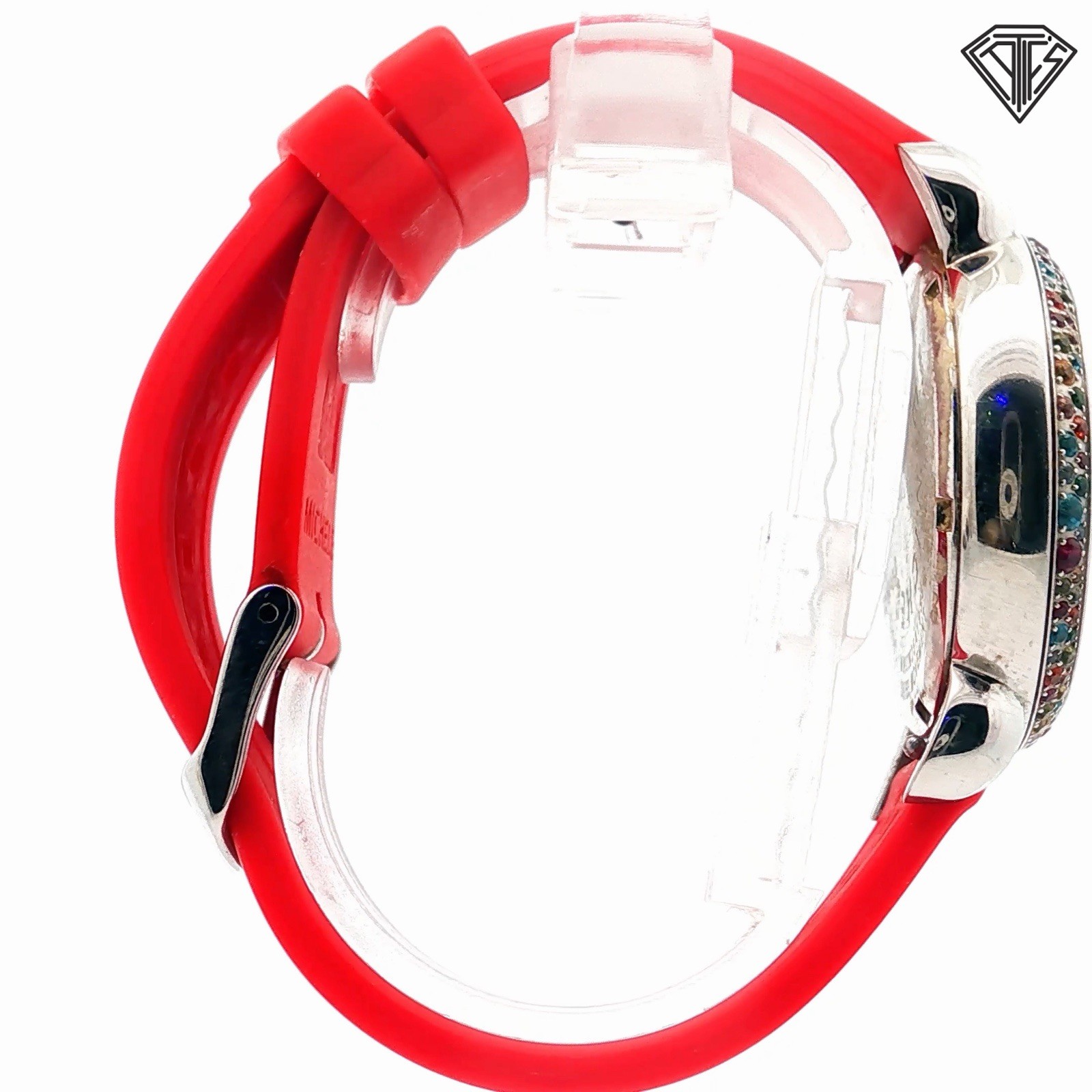 Pre Loved Michele Carousel CSX Multi Colored Stone Bezel Watch Red Silicone Band