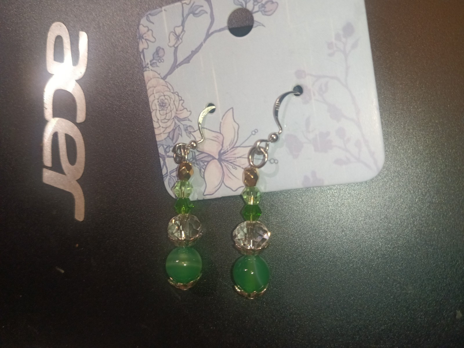 New handmade mixed green & clear glass 925 French hook earrings