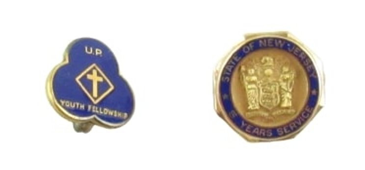 10K Gold Filled Youth Fellowship & NJ 5 Years Service Enamel Pins Brooches Vtg