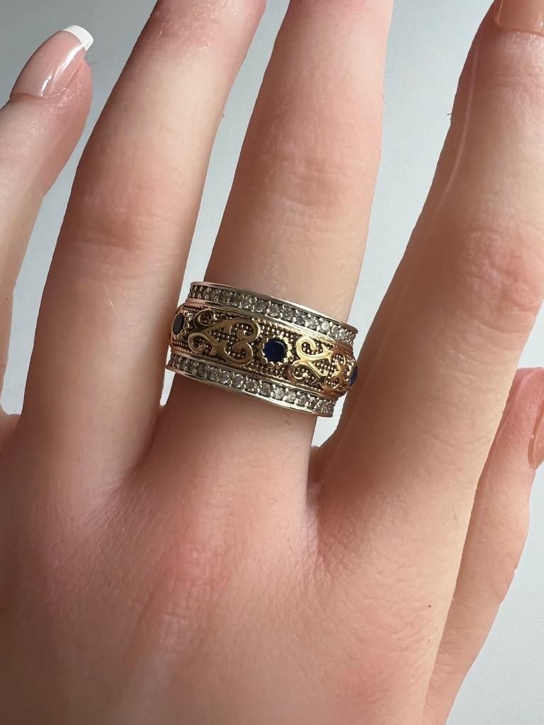 REAL Diamond Blue Sapphire BAND SOLID 14K Y Gold 925 Ring SZ 10 1/4 Etruscan Rev