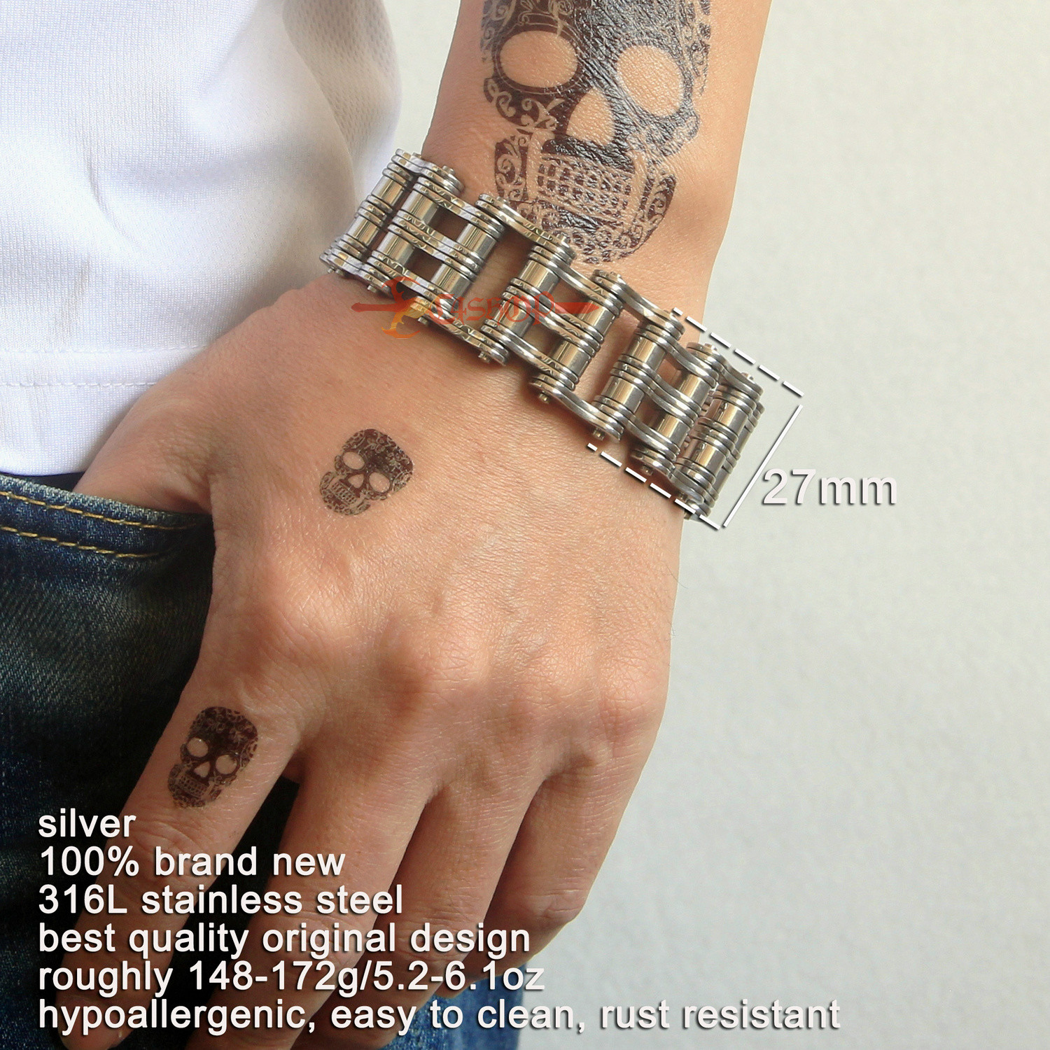 Heavy Mens Stainless Steel Motorcycle Bike Chain Biker Bracelet Silver 27mm Wide