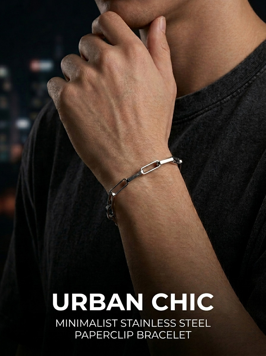Unisex Stainless Steel Paper Clip Chain Bracelet Adjustable Minimalist Jewelry