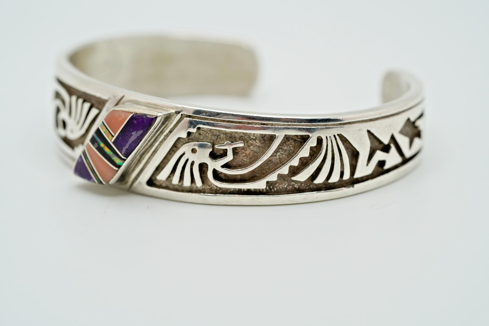Vintage Navajo Ervin Hoskie Sterling Silver Opal Kokopelli Cuff 2 1/8″ JB33
