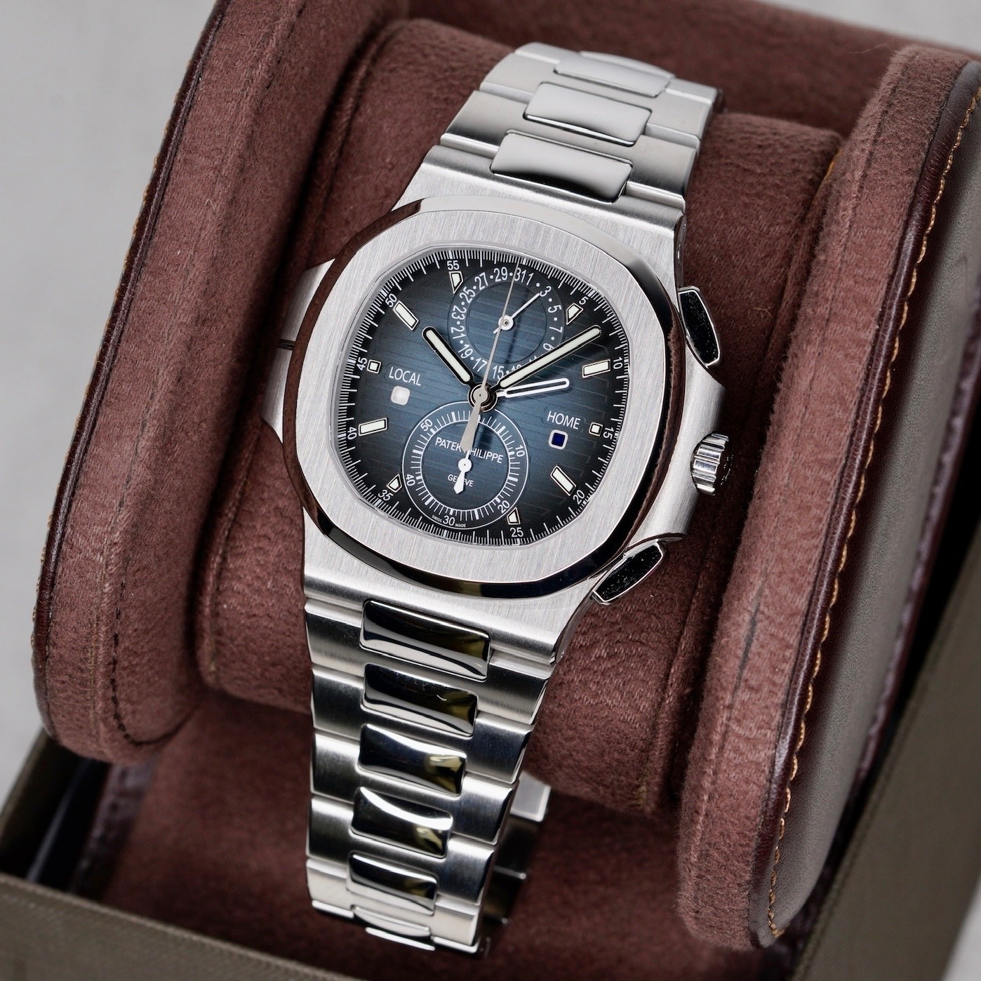 NEW Patek Philippe Nautilus 5990/1A-011 Blue Smoked Dial Travel Time Chronograph