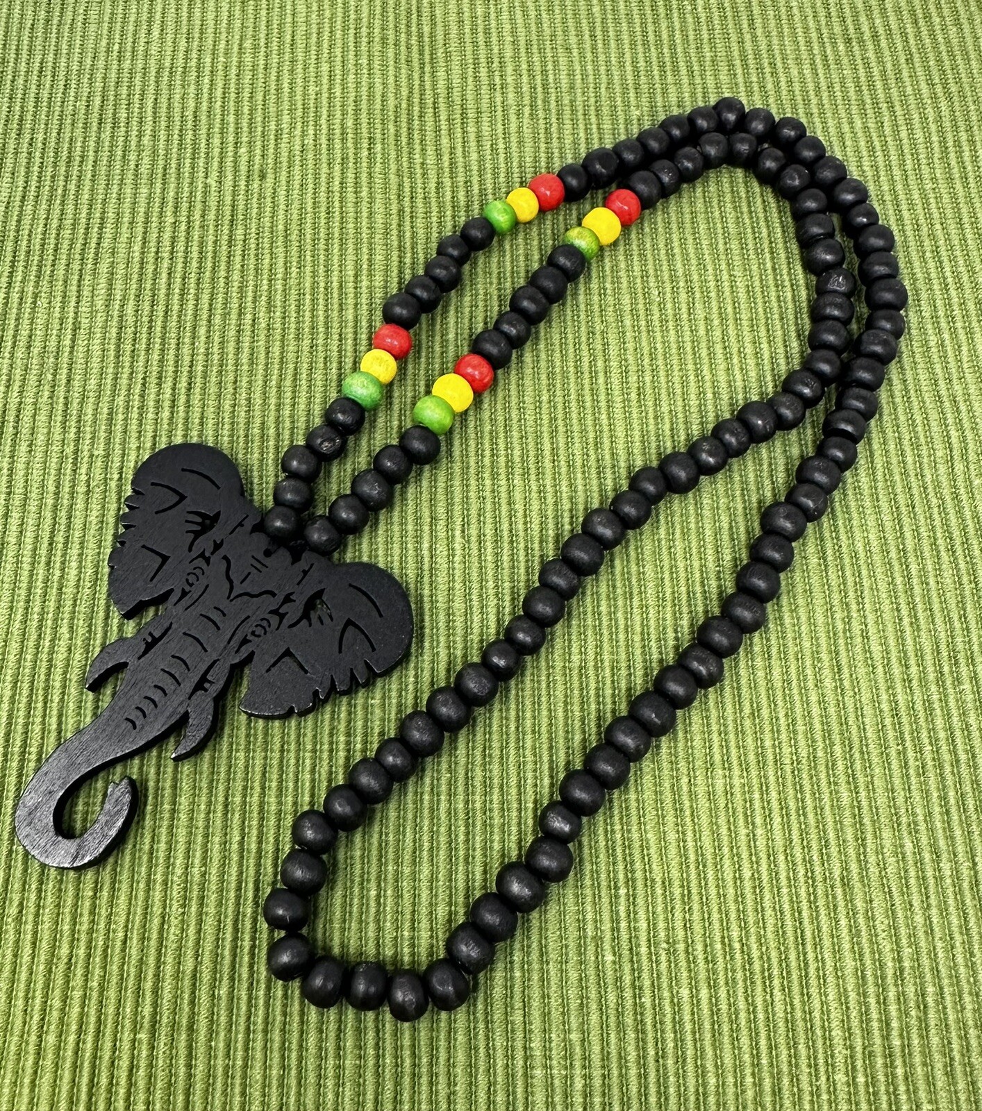 Handcrafted Wooden Elephant Head Necklace with Rasta Accent Beads – 30” Length