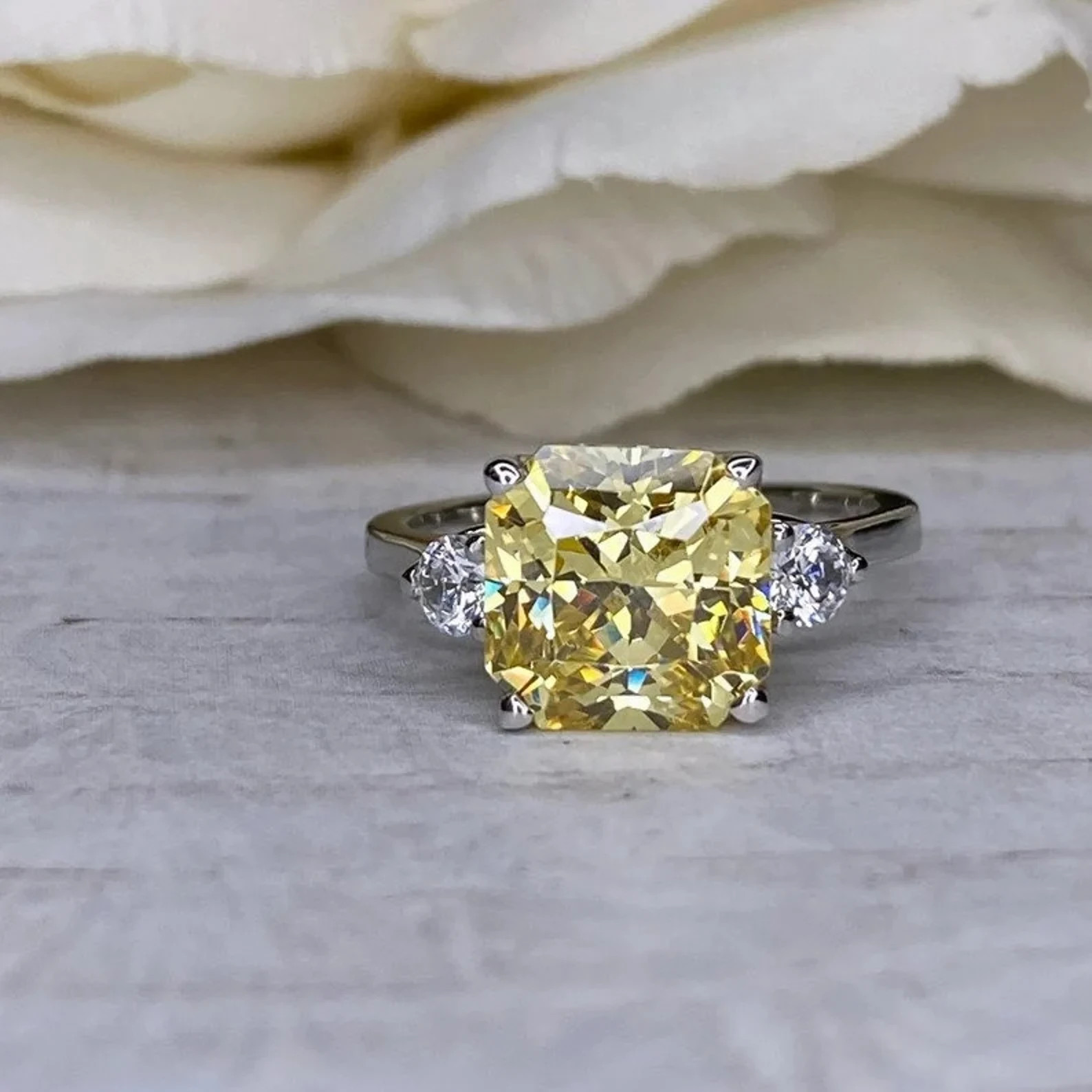 4.5 Ct Asscher Cut Natural Yellow Sapphire Diamond Wedding Ring 14K White Gold 7