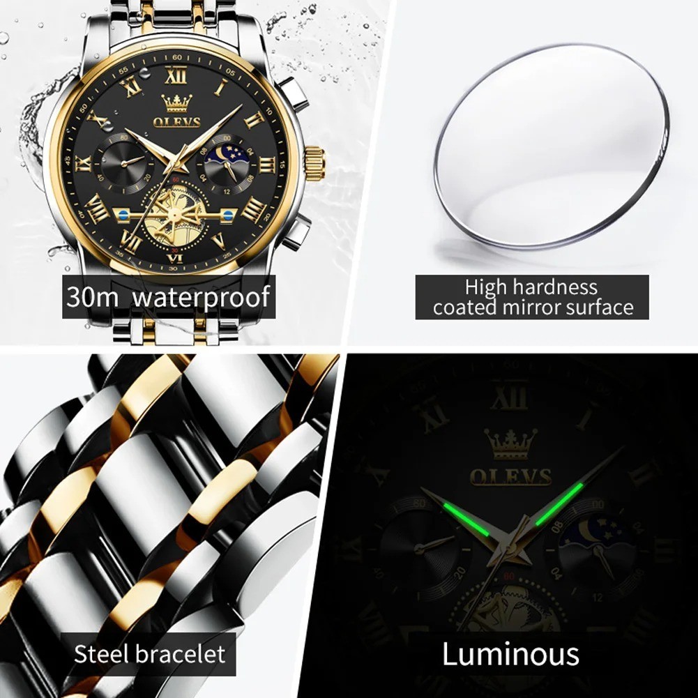 OLEVS 2859 Luxury Stainless Steel Waterproof Quartz Watch for Men Chronograph Lu