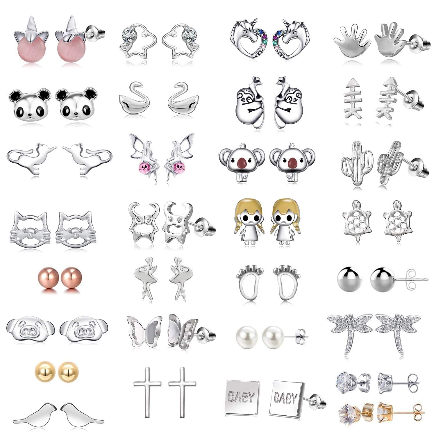 30 Assorted Stainless Steel Stud Earrings for Teen Girls – Hypoallergenic Fai…