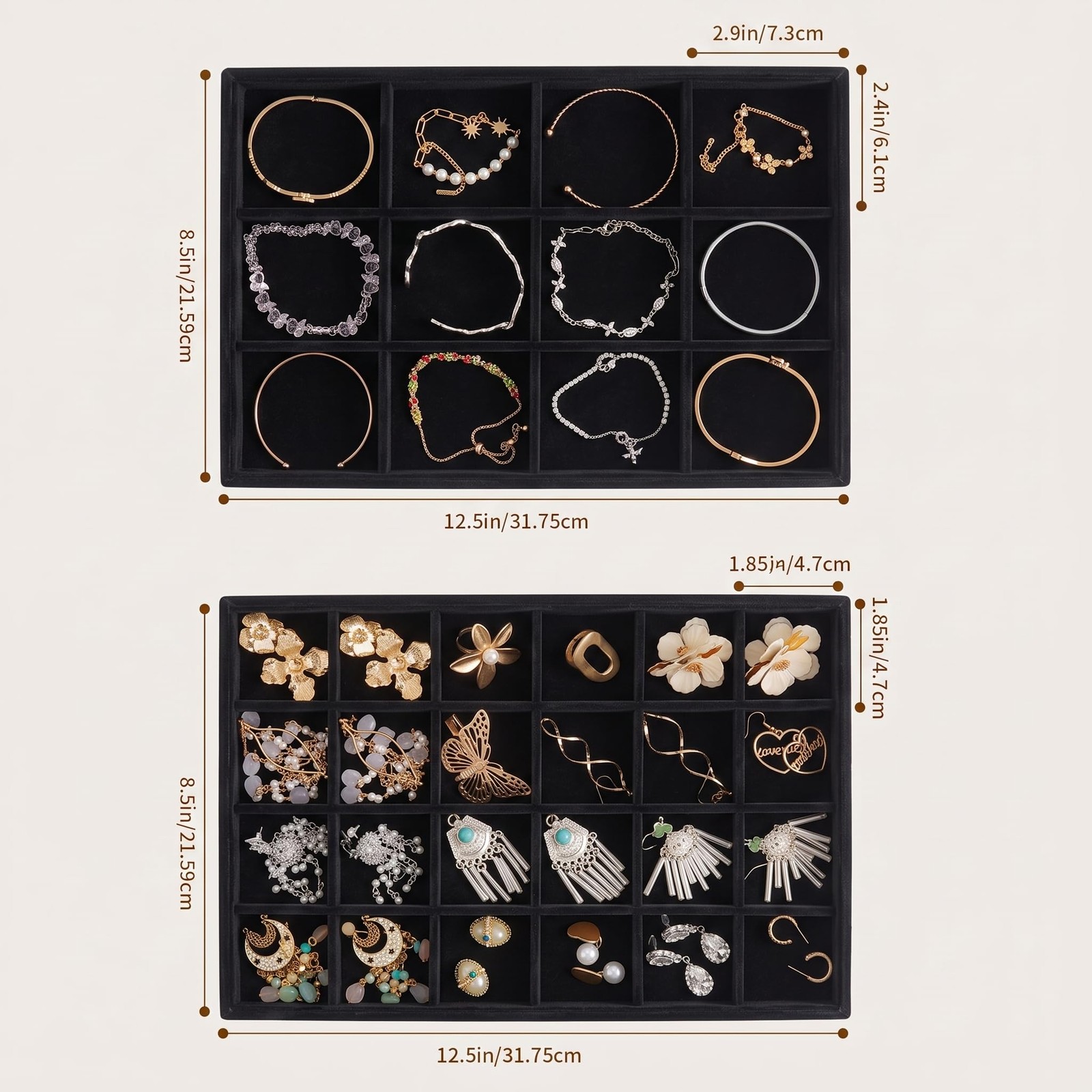 Frebeauty Jewelry Trays for Drawer,Set of 2 Organizer Set 2, Black