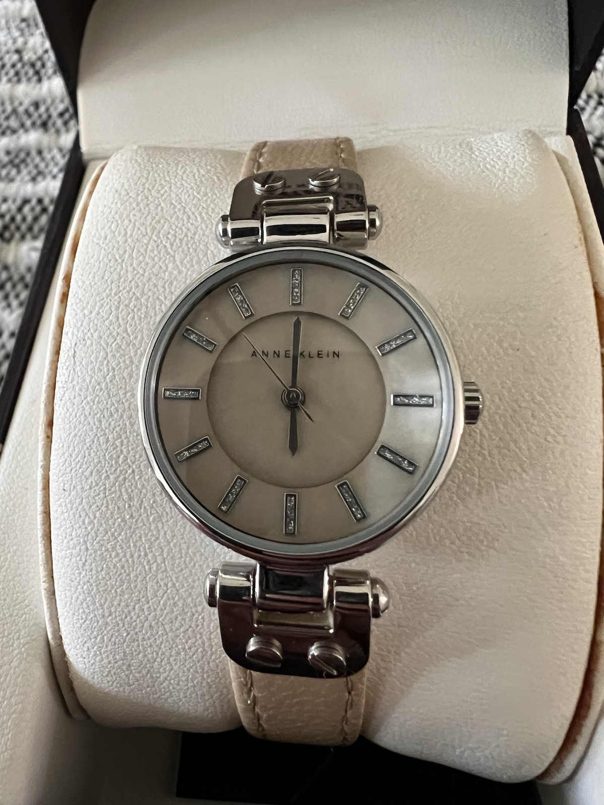 Anne Klein AK/1951 MOP Dial Silver Tone Round Case Lather Band Watch