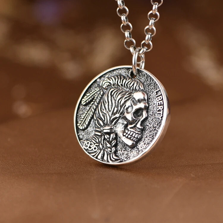 S925 Sterling Silver Indian Skull Headdress with Gold Fish Ball Charm Pendant