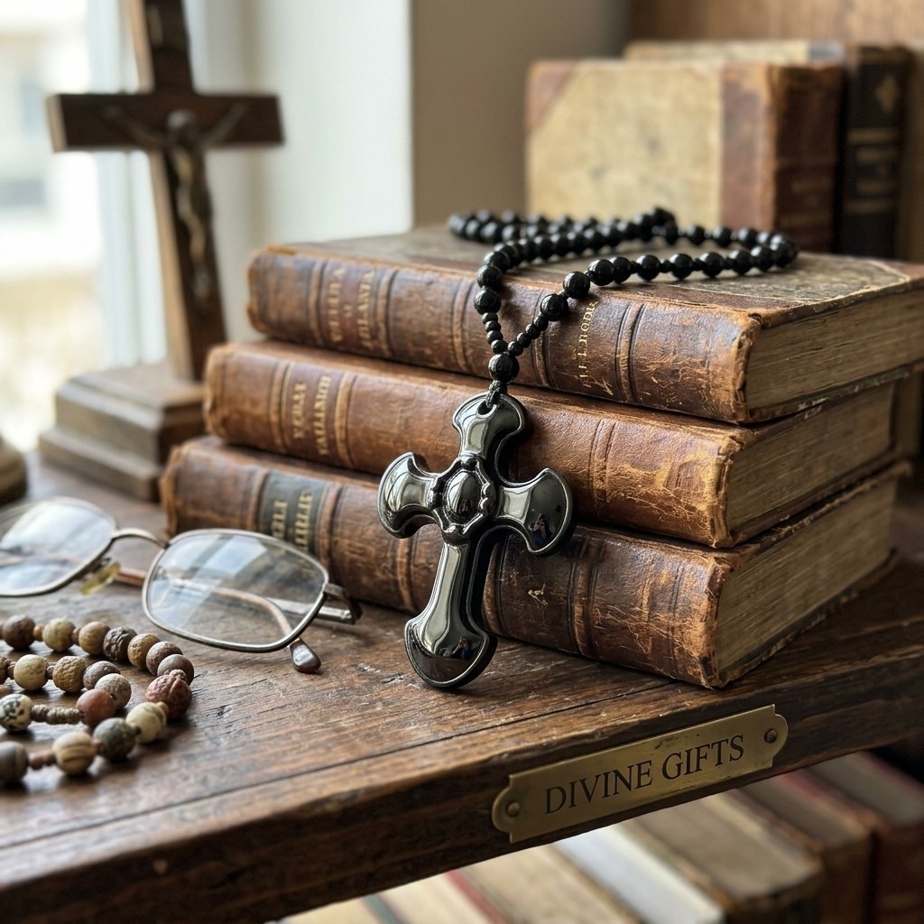 Black Glass Cross Pendant Necklace, Imitation Obsidian Beaded Christian Jewelry