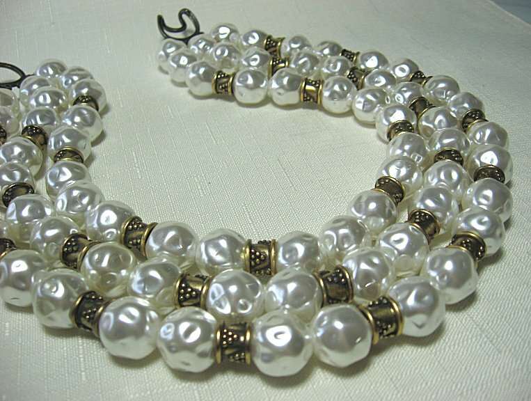 Triple Strand Brass & Large Costume Pearl Necklace 16 1/2″ long