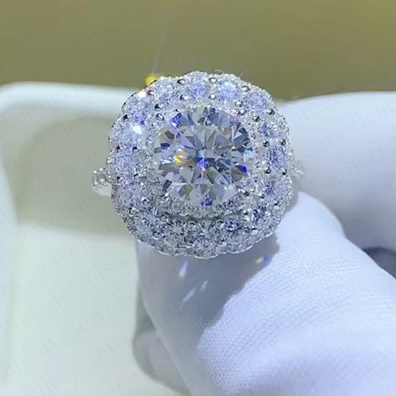 2.30Ctw Round Moissanite Double Halo Engagement Ring 14K White Gold Plated
