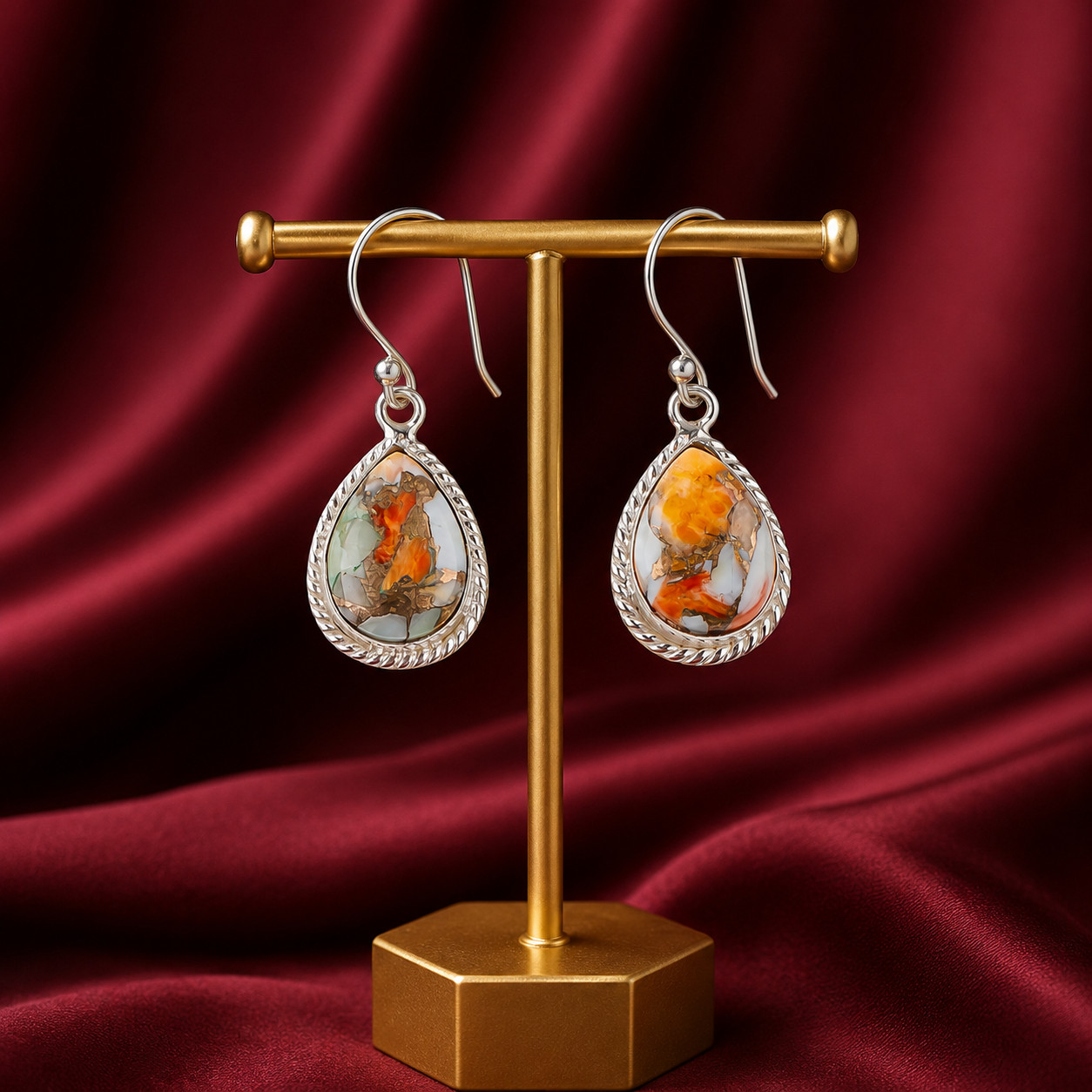 Natural Orange Copper Turquois Gemstone 925 Solid Silver Designer Earring 1.40″
