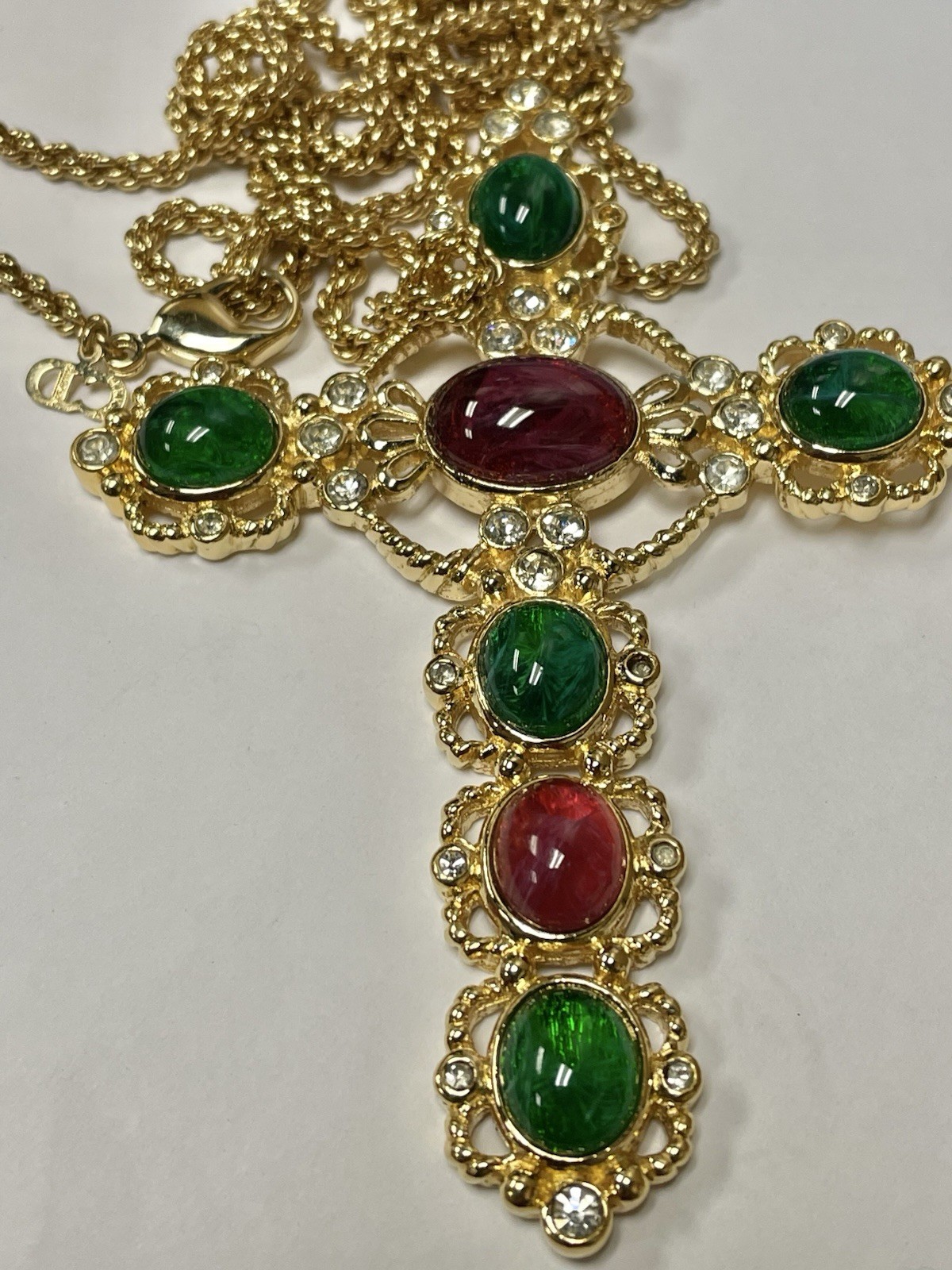Large Vintage Christian Dior Bejewelled Gold Plated Cross Pendant 10.7cm 70s/80s