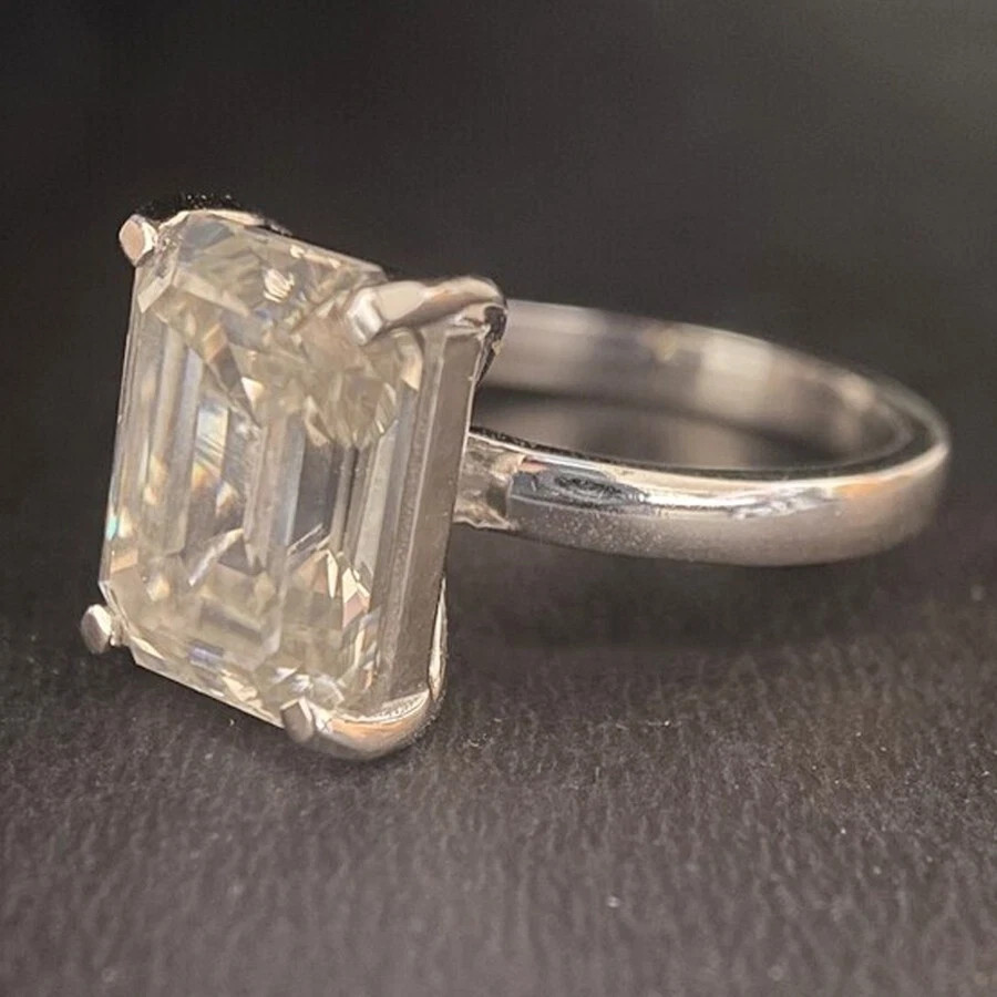3.66 Ct Emerald Cut Moissanite Solitaire Engagement Ring 14K White Gold Plated