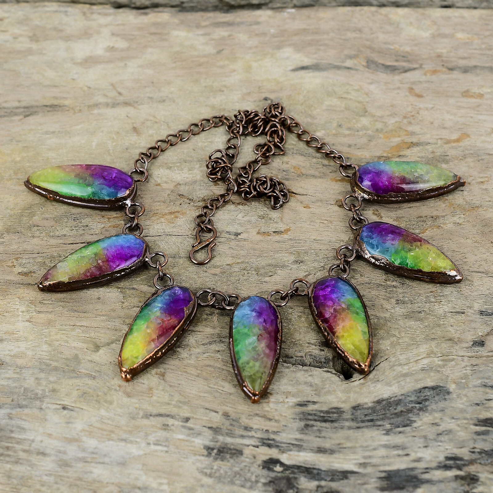 Gift Electroformed Adjustable Necklace Copper Rainbow Solar Quartz Druzy 18.0″